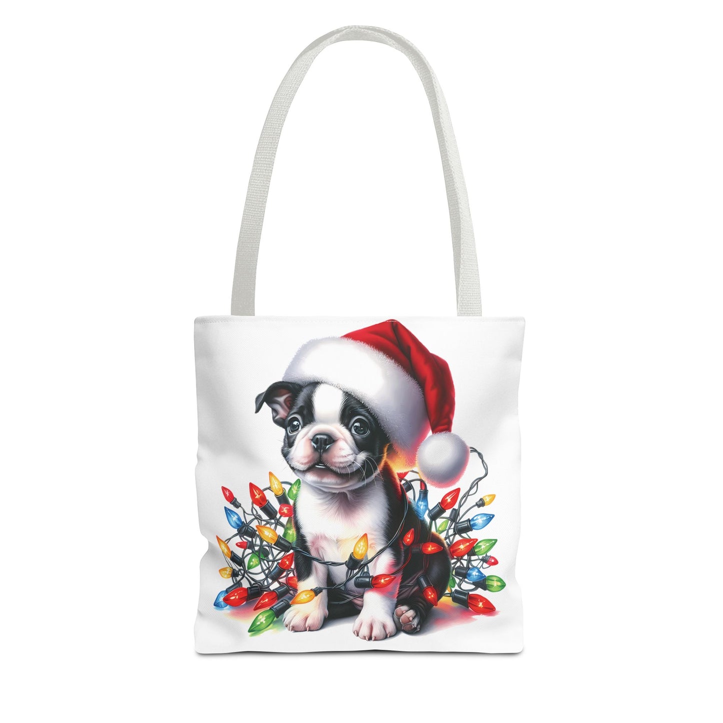 👜 Boston Terrier Christmas Lights Tote Bag – Holiday Sparkle Meets Puppy Love 🎄