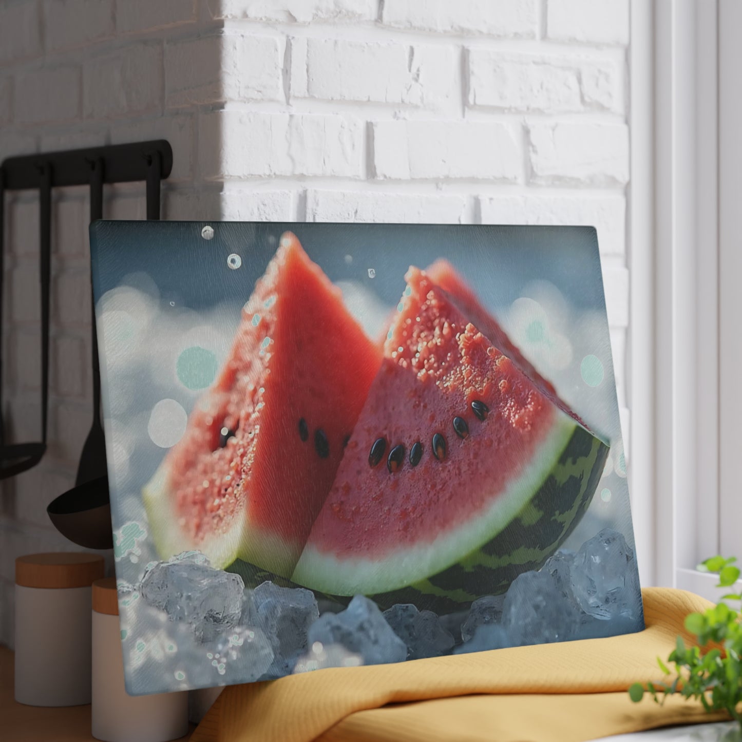 Tabla de cortar de vidrio con rodajas de sandía sobre hielo: una refrescante decoración de cocina de verano, un vibrante regalo con temática frutal.