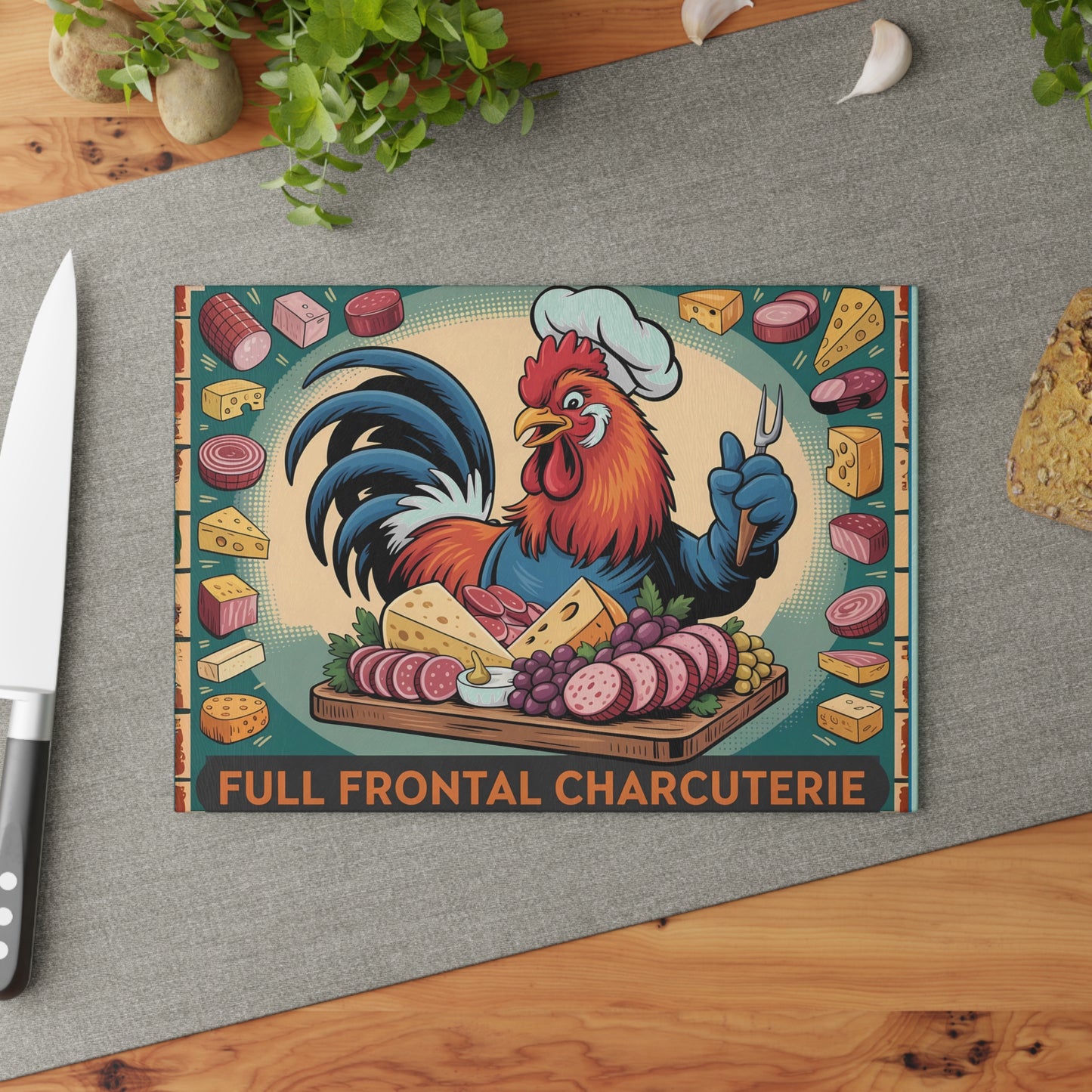 Tabla de cortar charcutería frontal completa: un divertido regalo de cocina con forma de gallo, queso y carne