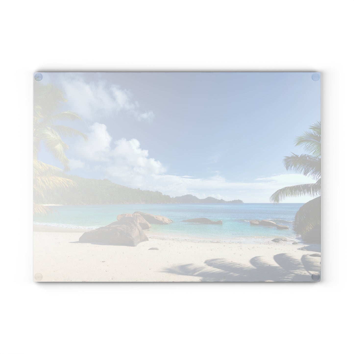 Tabla de cortar de vidrio con diseño de playa y palmeras – Decoración de cocina costera