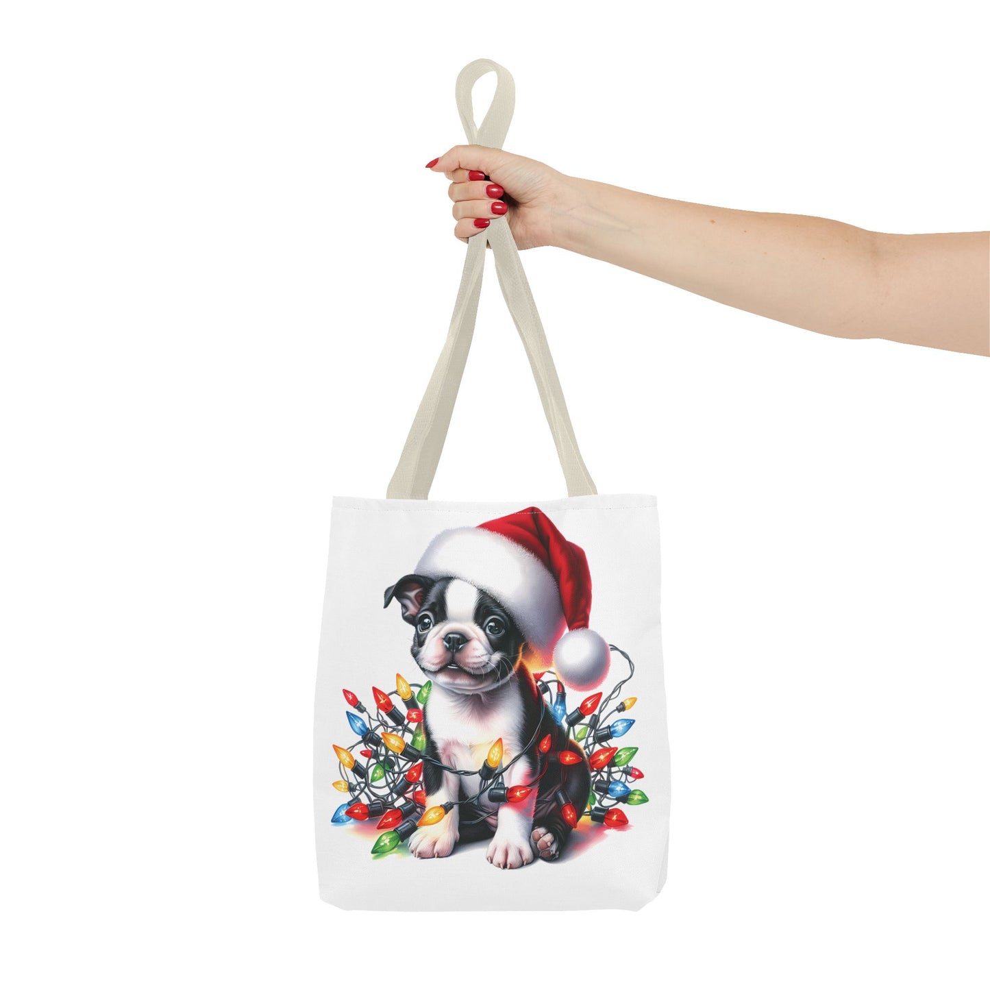 👜 Boston Terrier Christmas Lights Tote Bag – Holiday Sparkle Meets Puppy Love 🎄