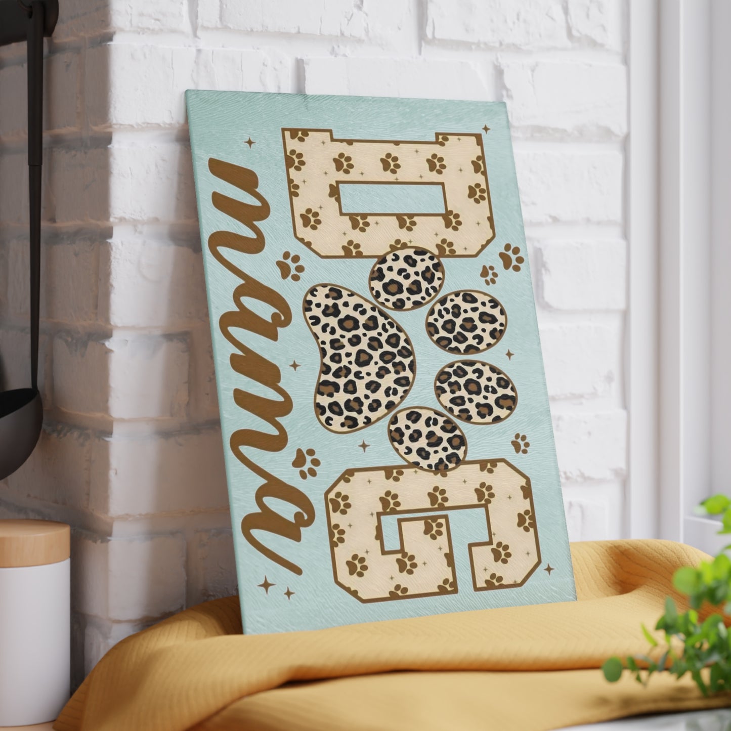 Tabla de cortar de vidrio templado Dog Mama – Diseño de huella de leopardo