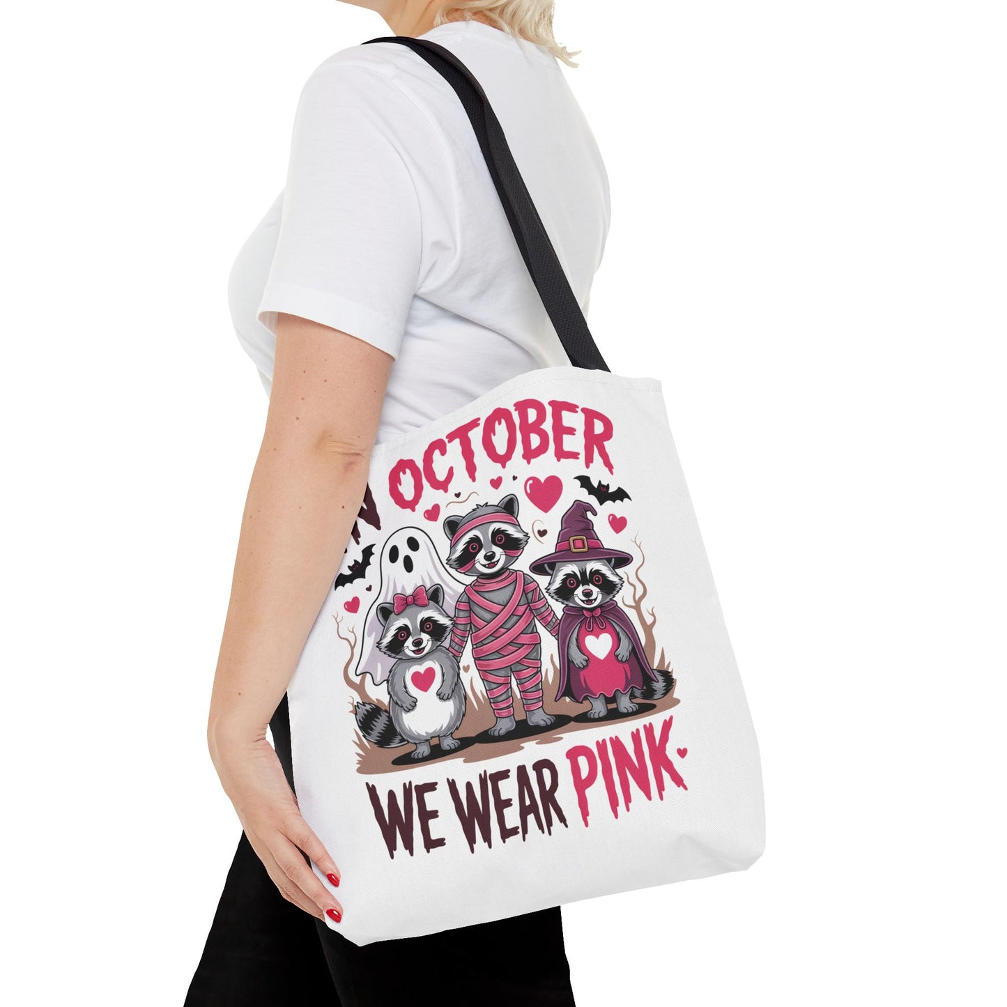 🎀 In October We Wear Pink Raccoon Halloween Tote Bag – Spooky Cute Awareness Style 🦝👜