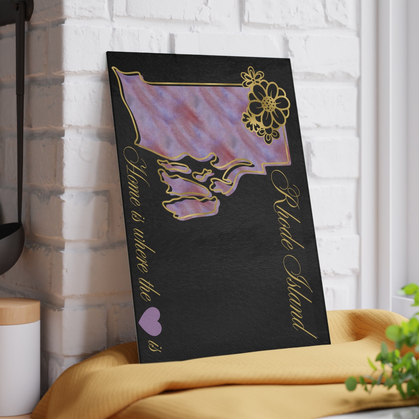 🖤 Rhode Island State Cutting Board – Elegant Watercolor Pride with Gold Florals 💜