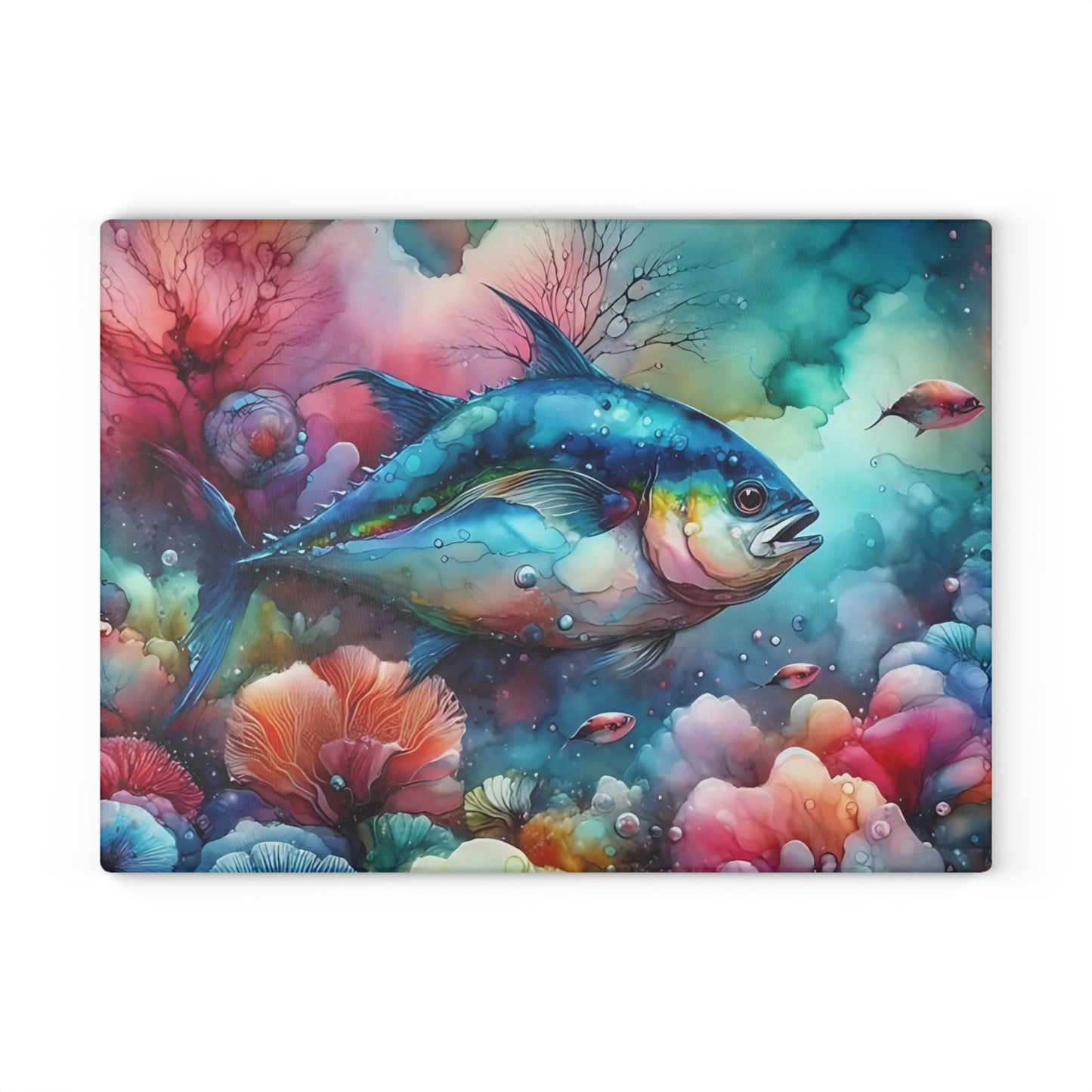 Tabla de cortar de vidrio con acuarela de atún: arte oceánico colorido para cocinas costeras y creativas