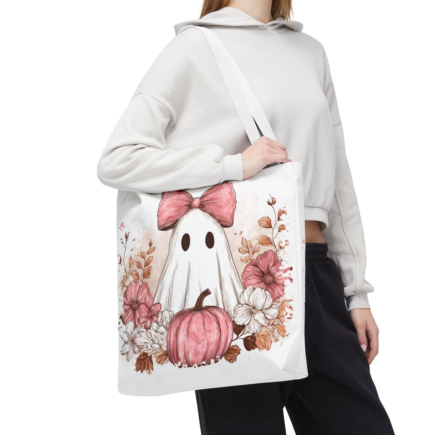 ๐ป Pink Bow Ghost Floral Halloween Tote Bag โ Spooky Cute with Fall Charm ๐๐
