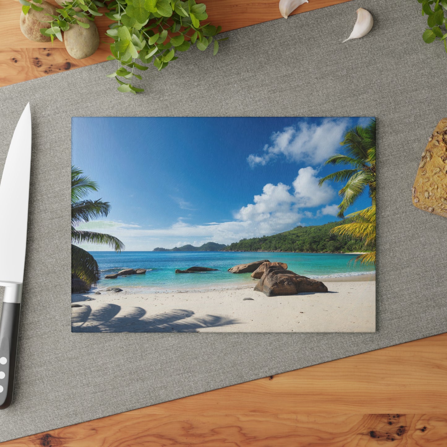 Tabla de cortar de vidrio con diseño de playa y palmeras – Decoración de cocina costera