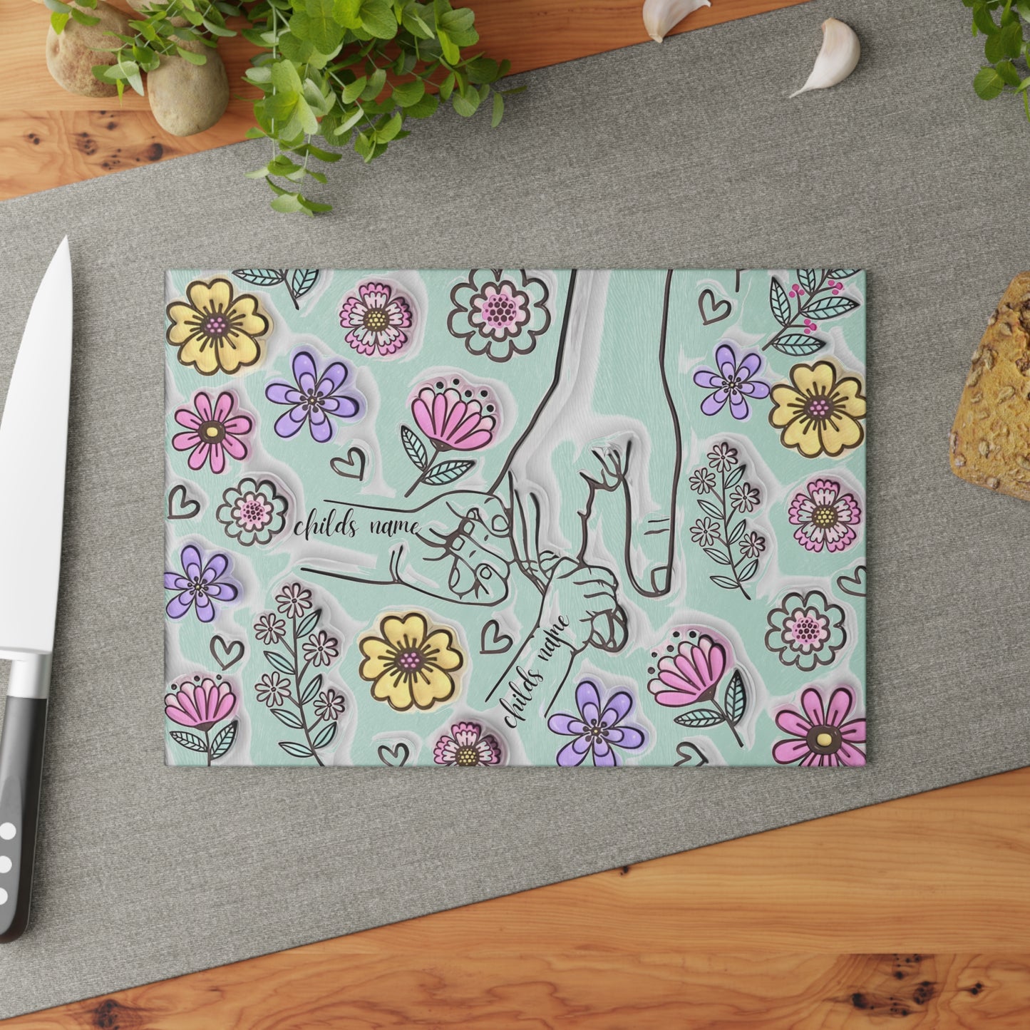 Tabla de cortar de vidrio templado personalizada con manos de madre | Arte floral 3D | Nombres personalizados para niños | Regalo para el Día de la Madre