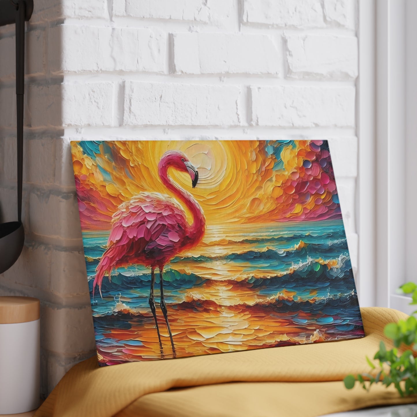 Tabla de cortar - Tabla de cortar de vidrio templado con diseño de flamenco rosa y atardecer en la playa, tabla de charcutería, tabla de cortar, regalo de inauguración de la casa, tabla de cortar personalizada, rústica