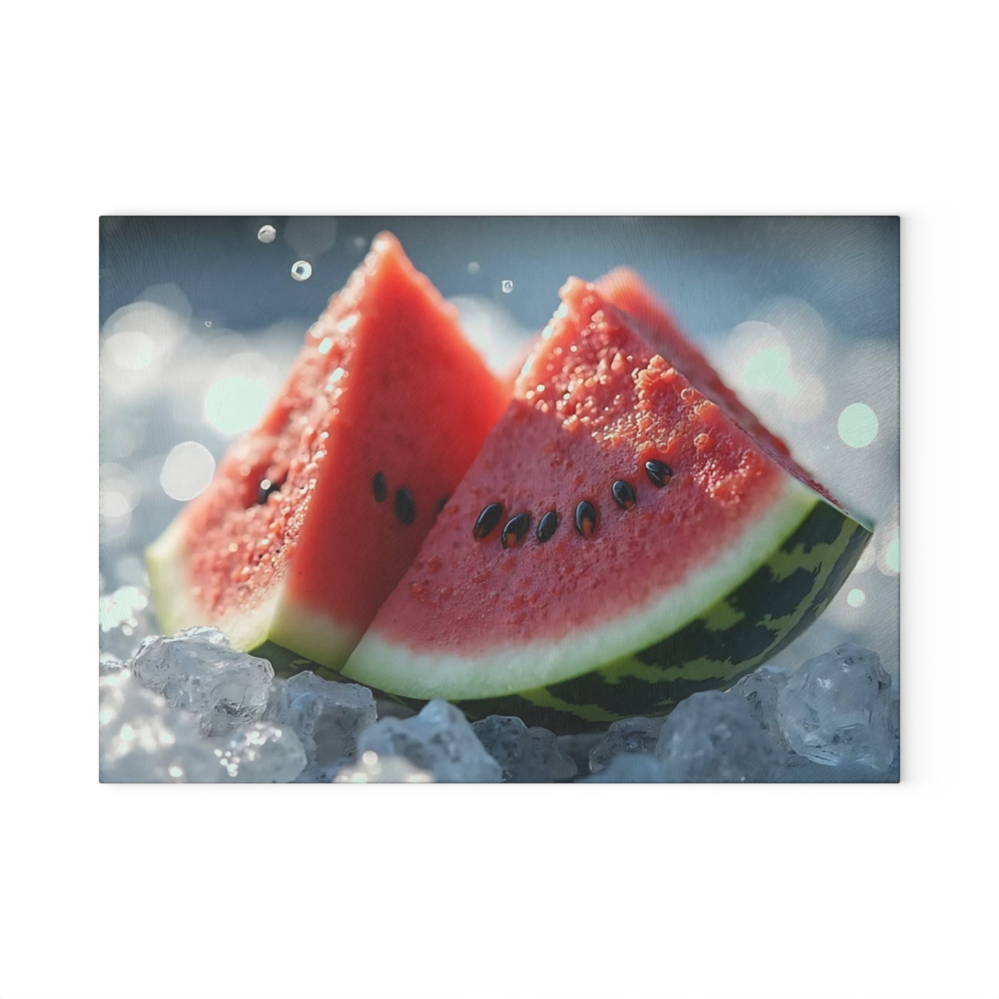 Tabla de cortar de vidrio con rodajas de sandía sobre hielo: una refrescante decoración de cocina de verano, un vibrante regalo con temática frutal.