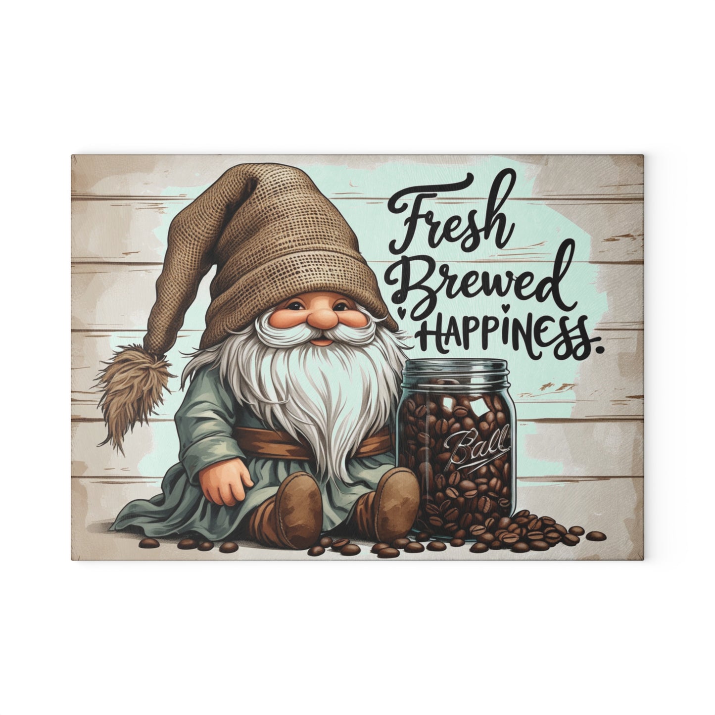 ☕🧙 Fresh Brewed Happiness Cutting Board – Rustic Coffee Gnome Kitchen Décor with Beans & Charm 🌿✨