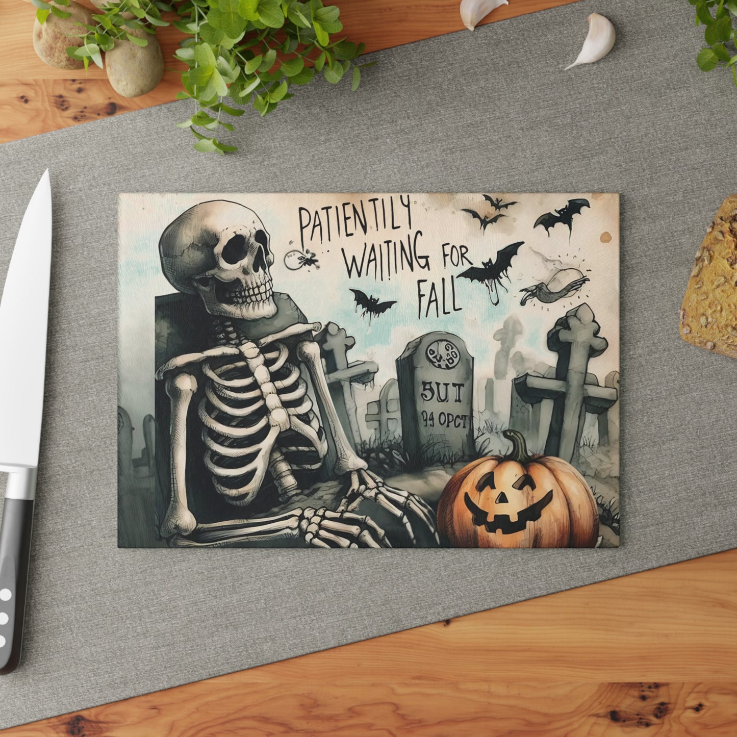 💀 Patiently Waiting for Fall Cutting Board – Graveyard Humor Meets Kitchen Fun 🎃