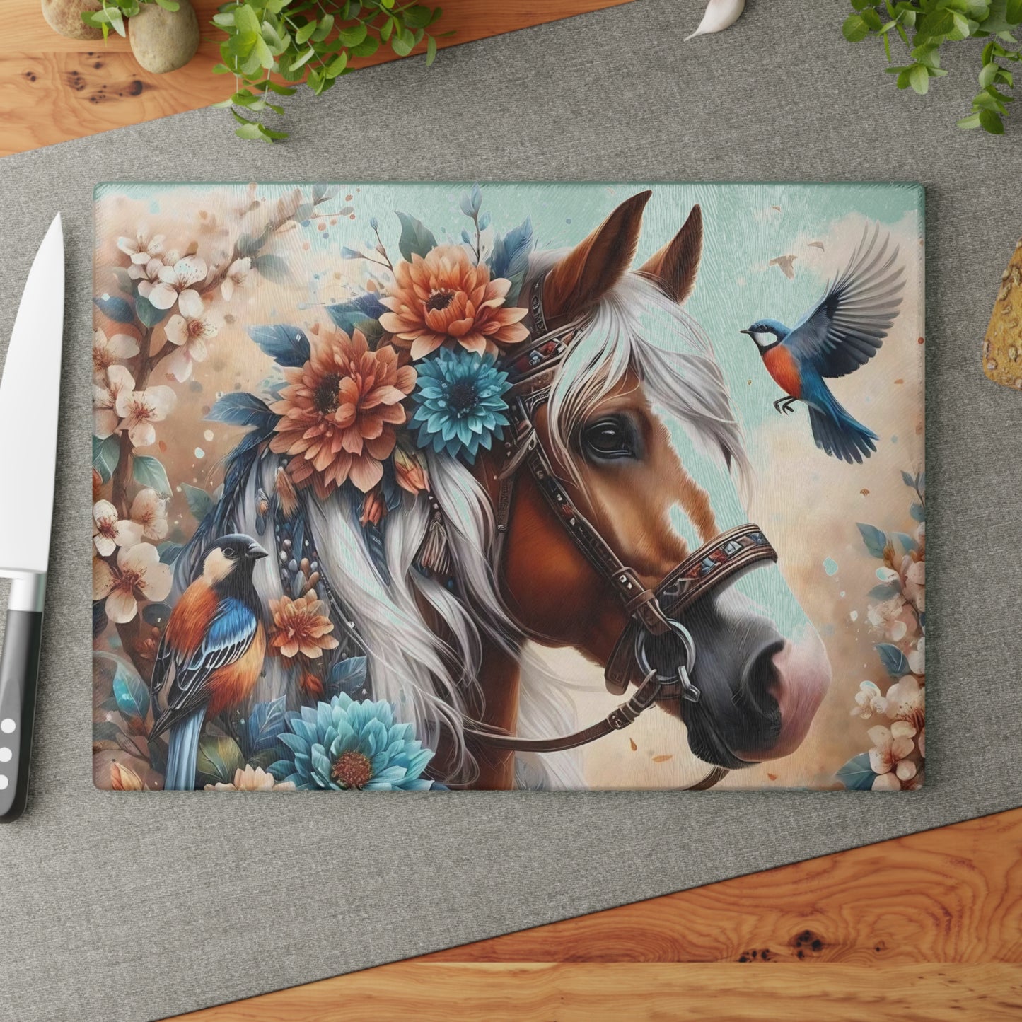 Hermosa tabla de cortar de caballo, tabla de cortar de vidrio templado, tabla de charcutería, tabla de cortar, regalo de inauguración de la casa, tabla de cortar personalizada
