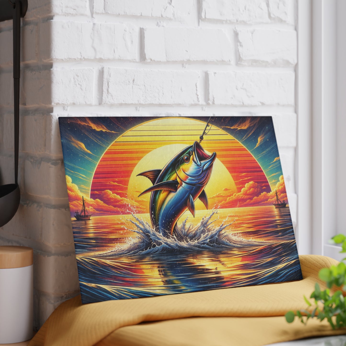 Retro Sunset Fishing Glass Cutting Board – Vibrant Ocean Angler Kitchen Art