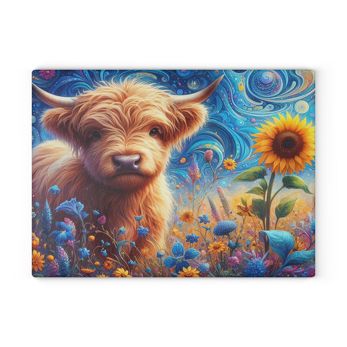 🐮🌻 Whimsy Highland Cow Glass Cutting Board – Floral Fantasy Farmhouse Style
