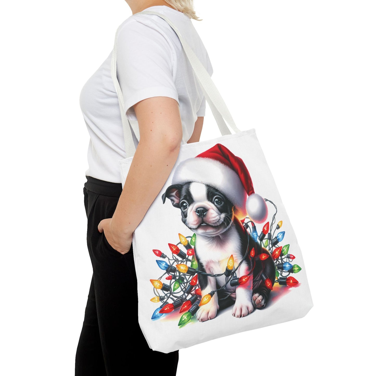 👜 Boston Terrier Christmas Lights Tote Bag – Holiday Sparkle Meets Puppy Love 🎄