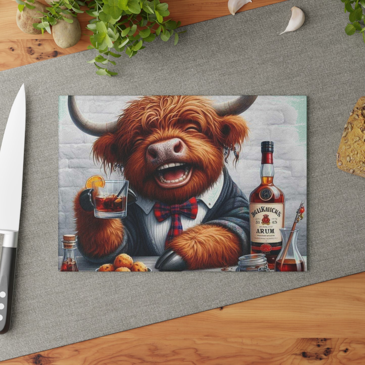 Tabla de cortar de vaca de las Tierras Altas, tabla de cortar de vidrio templado, tabla de charcutería, tabla de cortar, regalo de inauguración de la casa, tabla de cortar personalizada