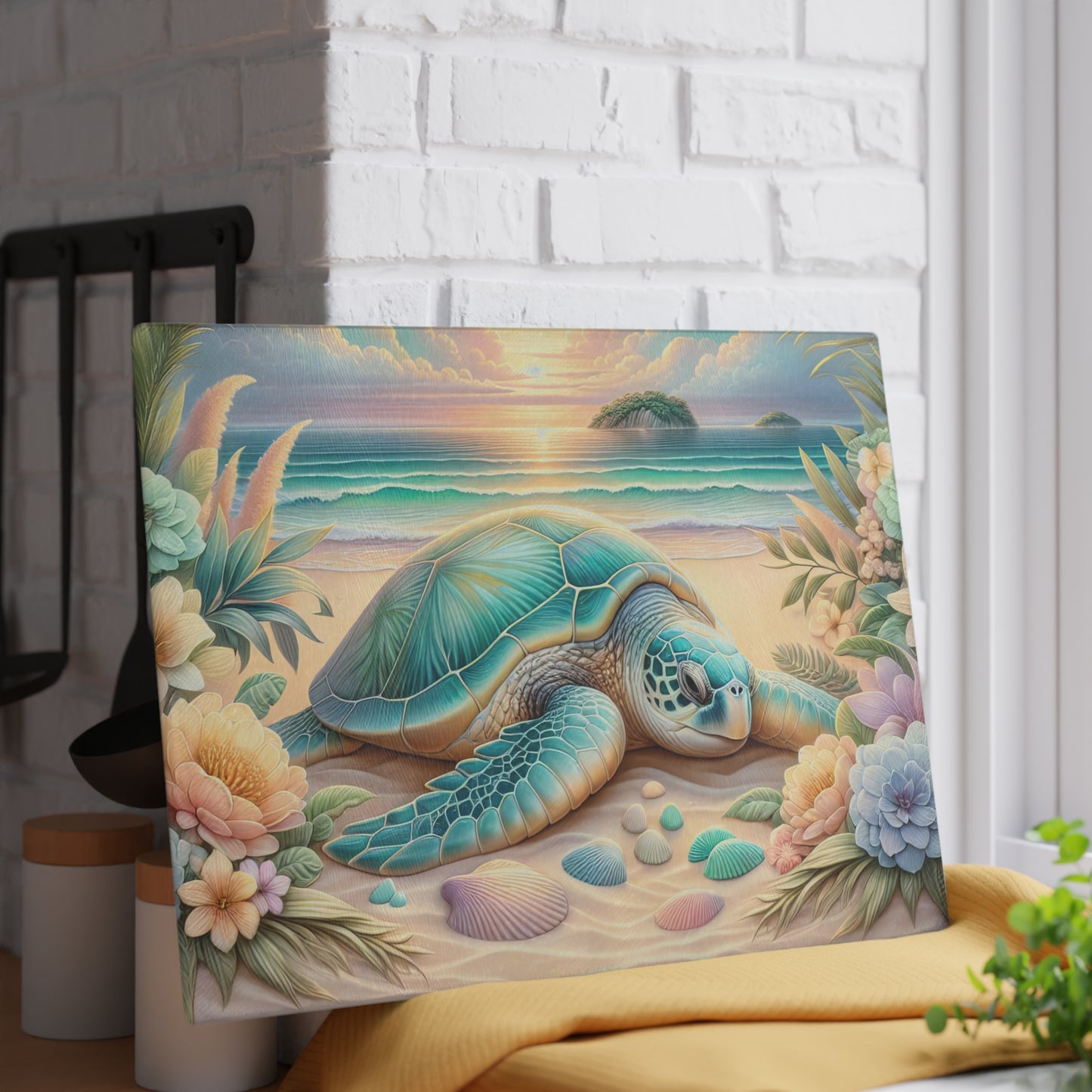 Tabla de cortar con diseño de tortuga marina y flores de playa: un escape tranquilo al océano para tu cocina