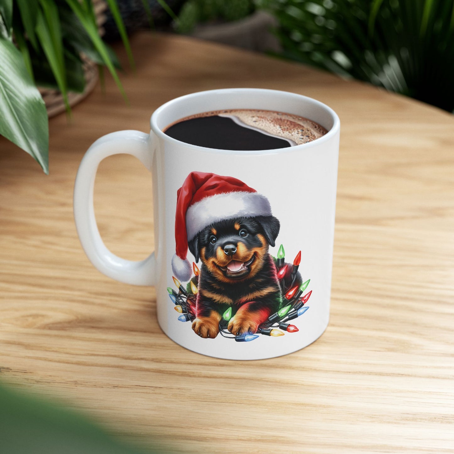 🎄 Rottweiler Christmas Lights Mug – Festive Cheer with Puppy Cuteness ☕