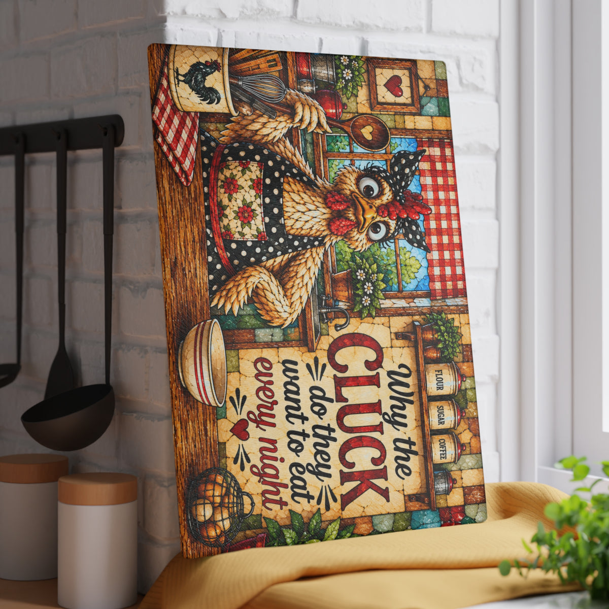 Stained-Glass-Inspired Funny Chicken Cutting Board – Why the Cluck Do They Want to Eat Every Night? Farmhouse Kitchen Décor & Chicken Lover Gift