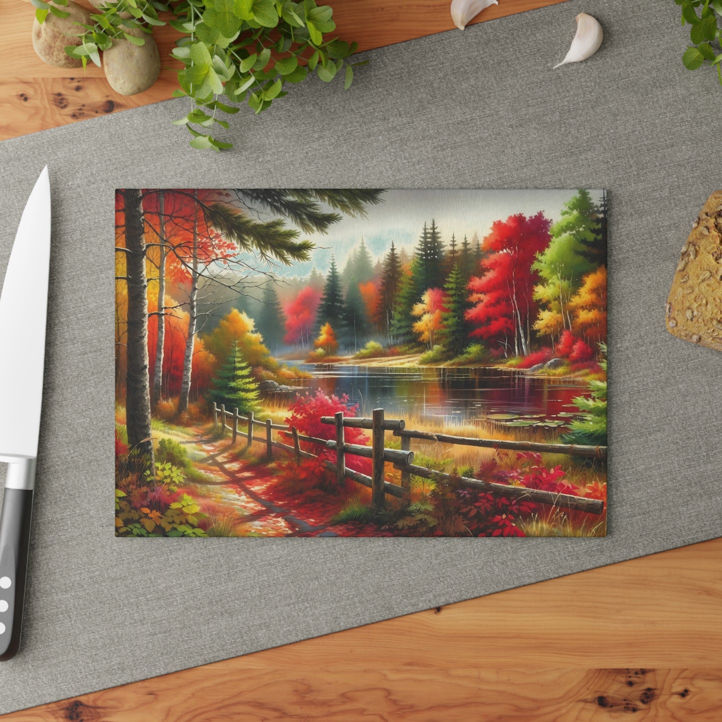🍂 Autumn Lake Path Cutting Board – Tranquil Forest Beauty for Your Fall Kitchen