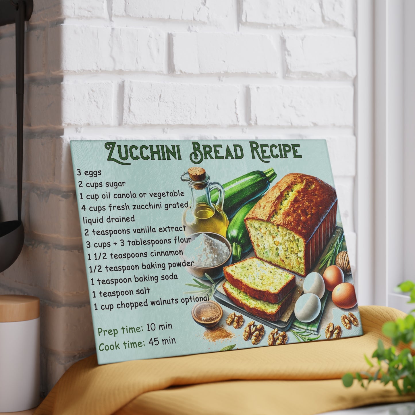 Tabla de cortar con receta de pan de calabacín: decoración de cocina encantadora con un toque delicioso