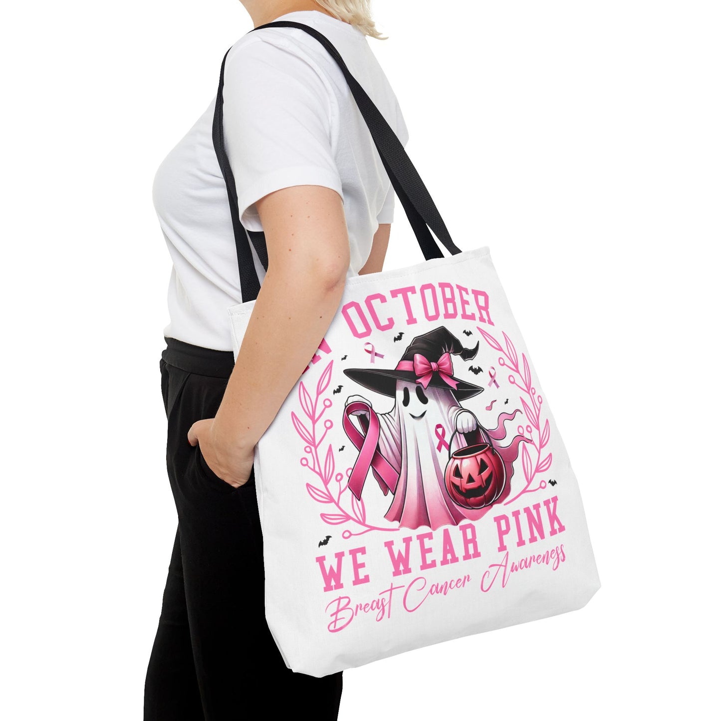 🎀 In October We Wear Pink Tote Bag – Breast Cancer Awareness with Spooky Charm 🎃