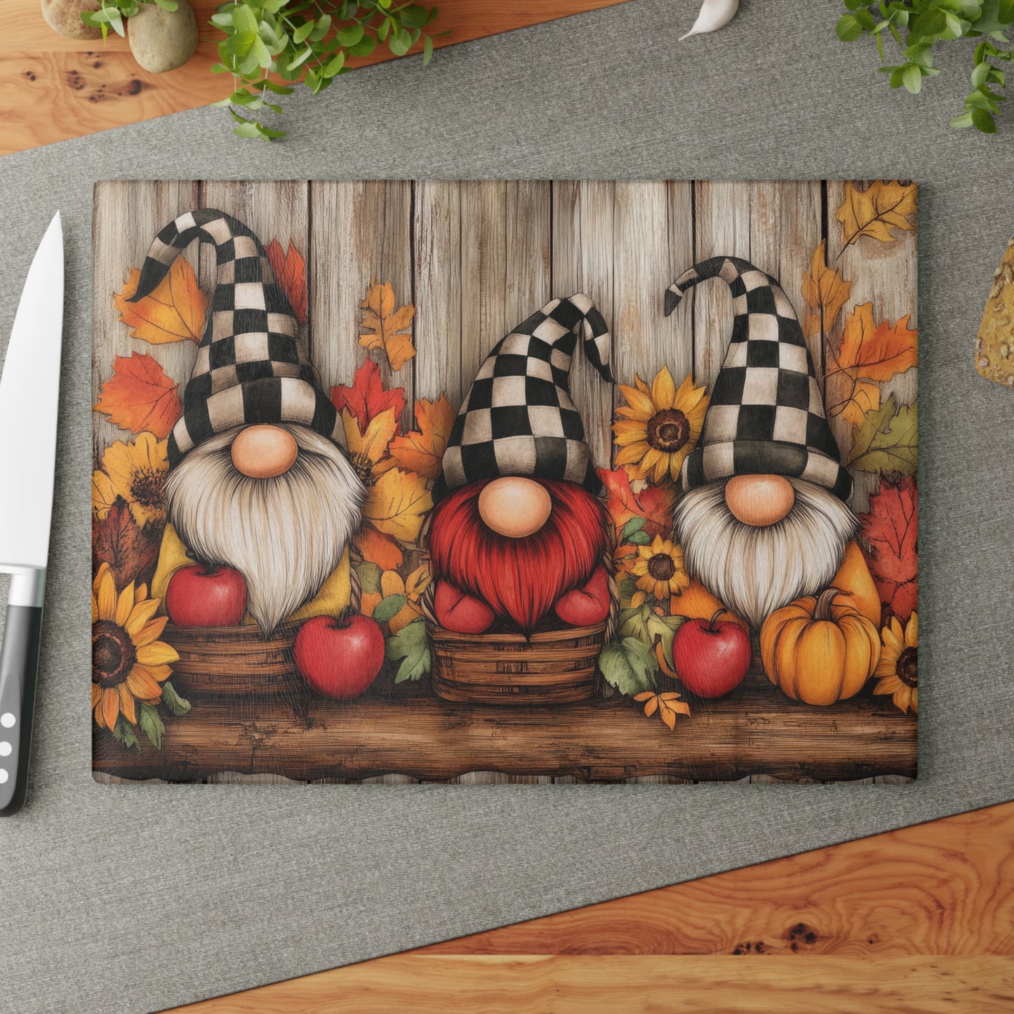🍎 Fall Harvest Gnome Trio Cutting Board – Rustic Charm with Sunflowers, Apples & Checkered Hats 🍂🎃