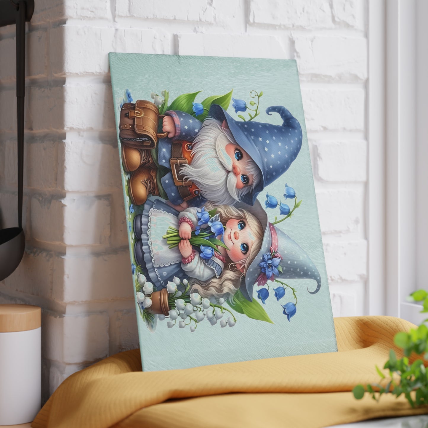 💙🌸 Bluebell Gnome Couple Cutting Board – Whimsical Garden Kitchen Décor with Sweet Floral Charm 🌿✨