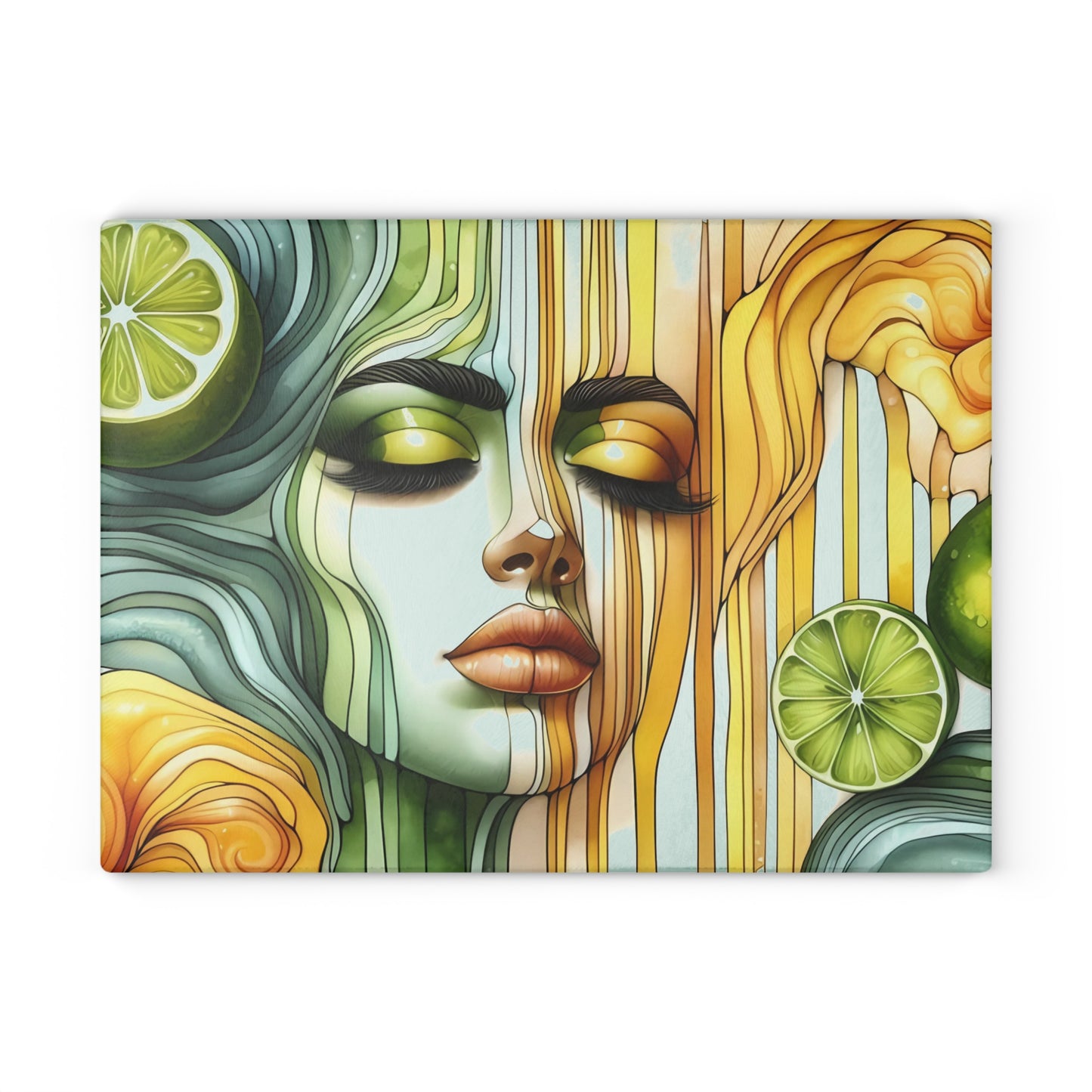 Tabla de cortar de vidrio con diseño de diosa de limón y lima: audaz, hermosa y refrescantemente única