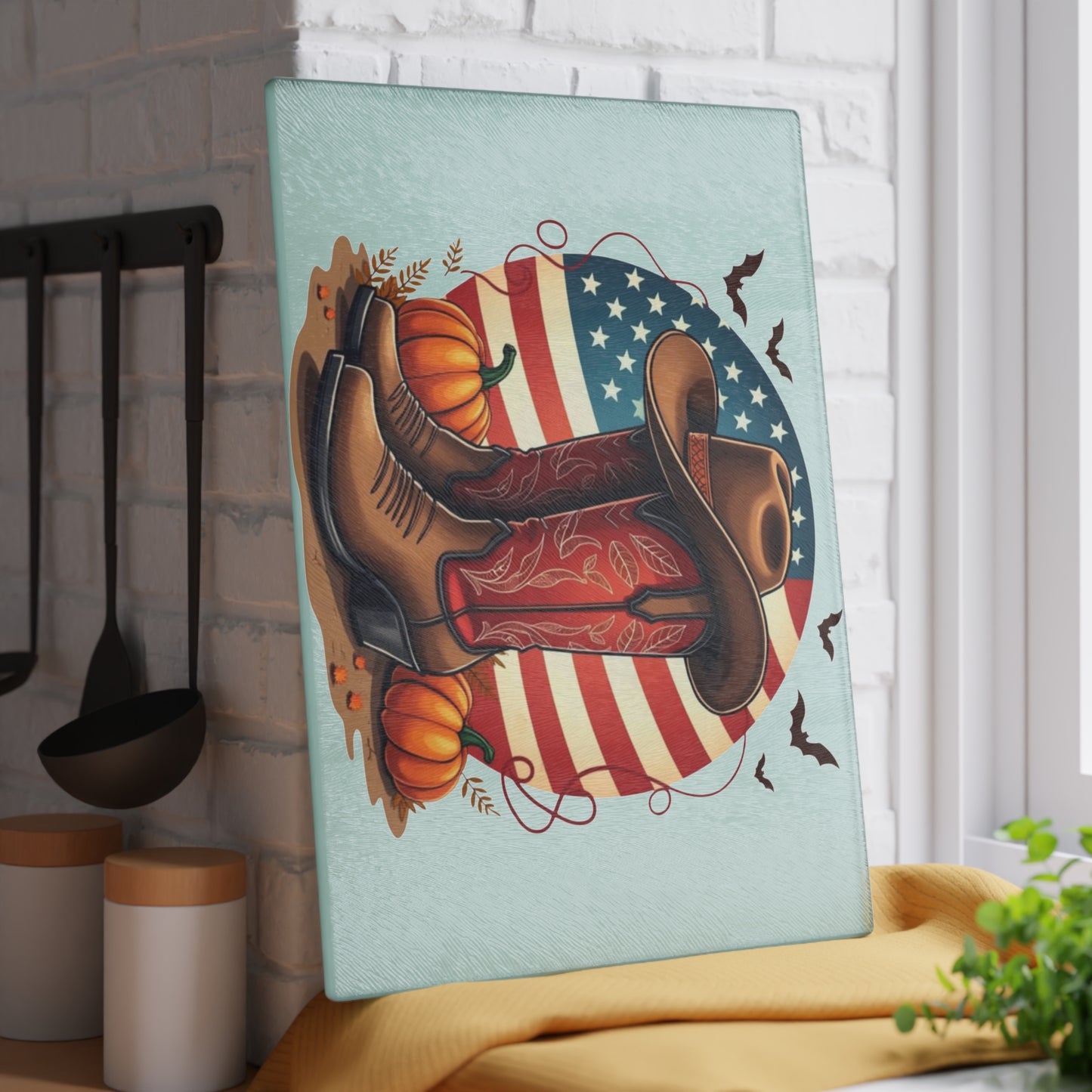 🤠🎃 Western Boots & Pumpkins Cutting Board – Rustic Autumn Charm for Your Kitchen 🇺🇸