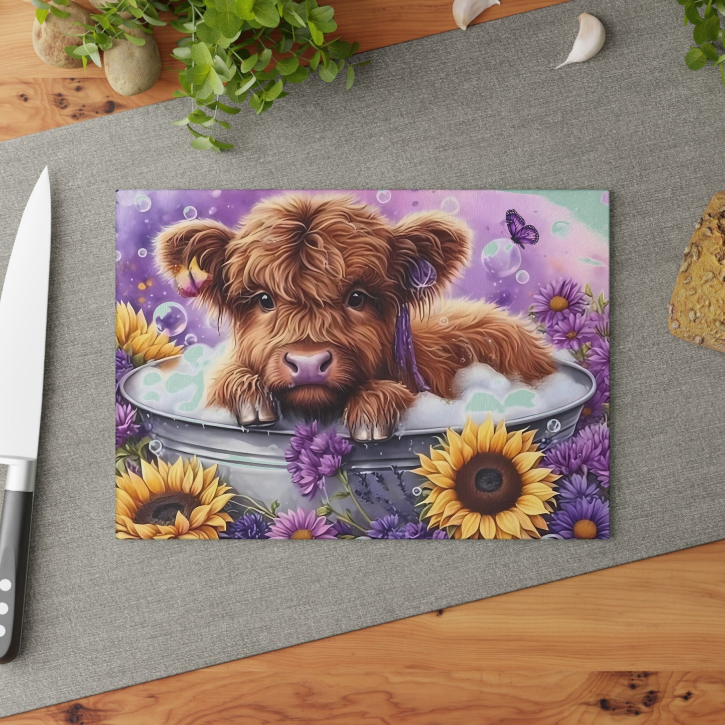 🐮💜 Lavender Highland Calf Cutting Board – Cozy Farmhouse Vibes with Country Bloom Charm