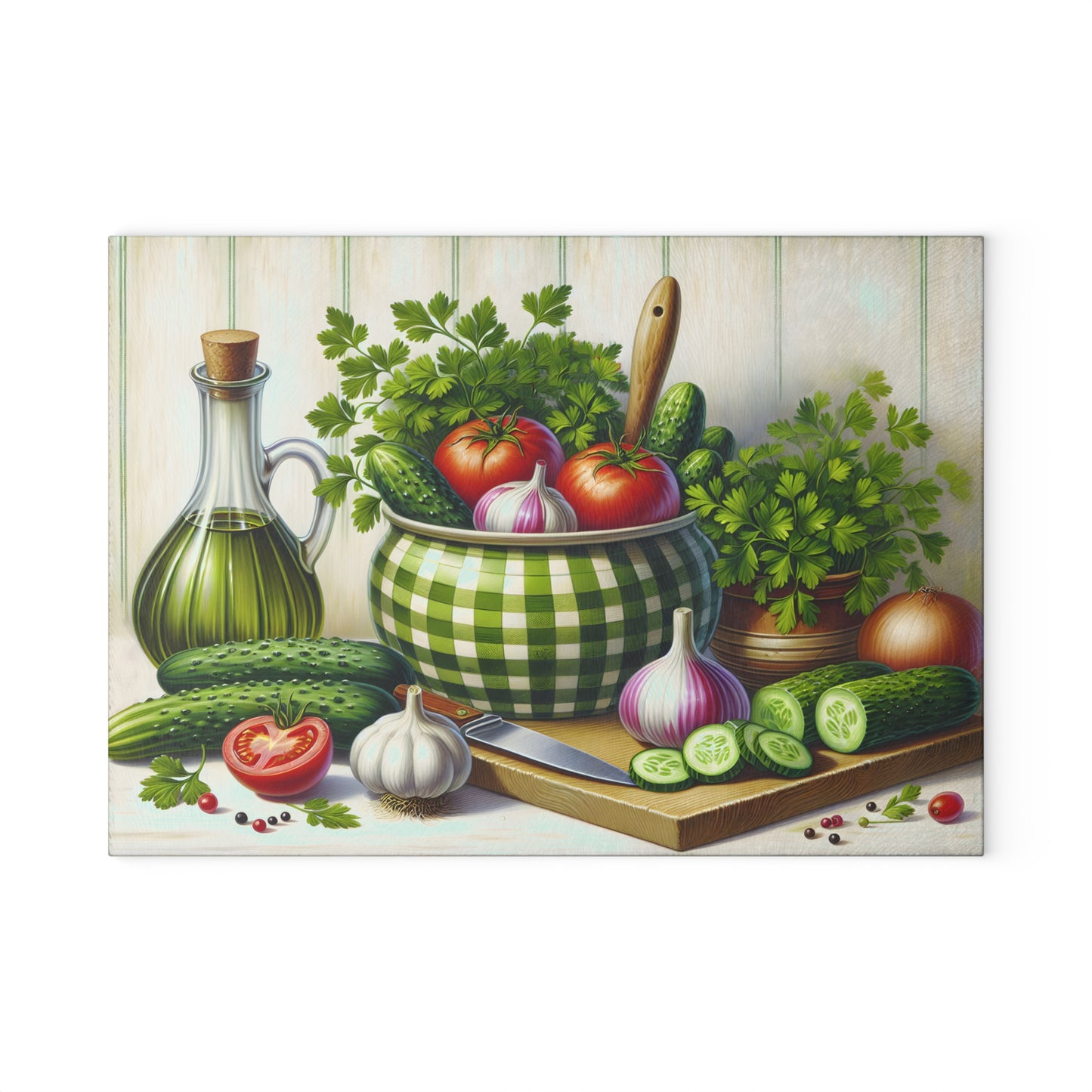 Tabla de cortar pepinos y tomates frescos de granja: un encanto campestre para tu cocina