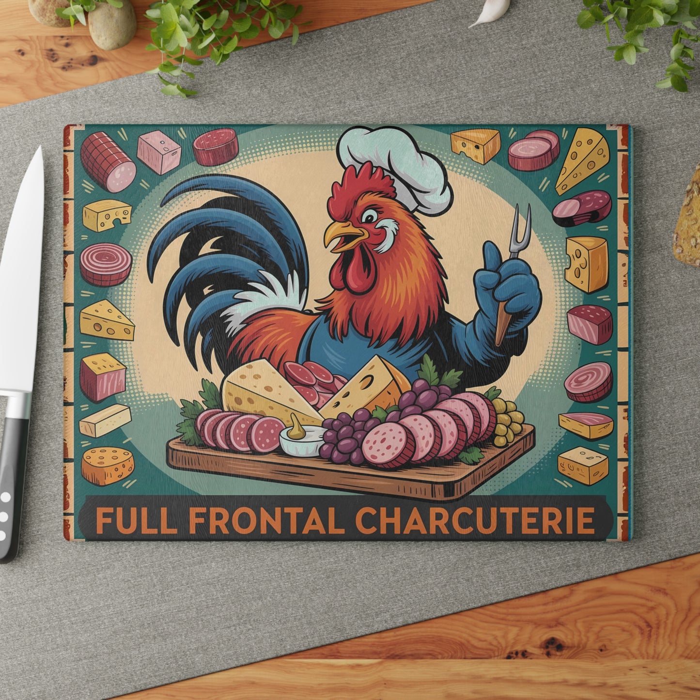 Tabla de cortar charcutería frontal completa: un divertido regalo de cocina con forma de gallo, queso y carne