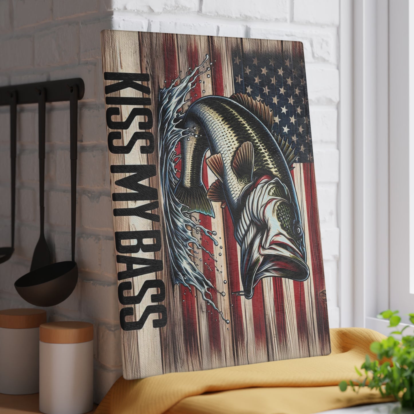 🎣Kiss My Bass Cutting Board – Patriotic Fishing Fun with Rustic American Flag 🪝🍺