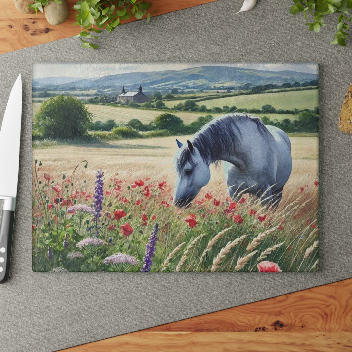 Horse Cutting Board, Equestrian Gift, Glass Cutting Board, Rustic Kitchen Decor, Horse Lover Gift, Farmhouse Kitchen Decor, Horse Lover Gift