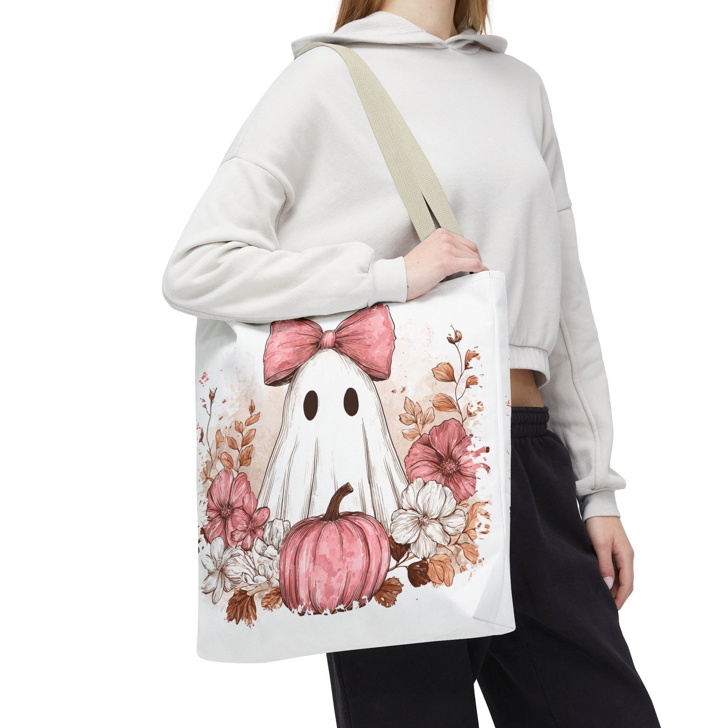 ๐ป Pink Bow Ghost Floral Halloween Tote Bag โ Spooky Cute with Fall Charm ๐๐