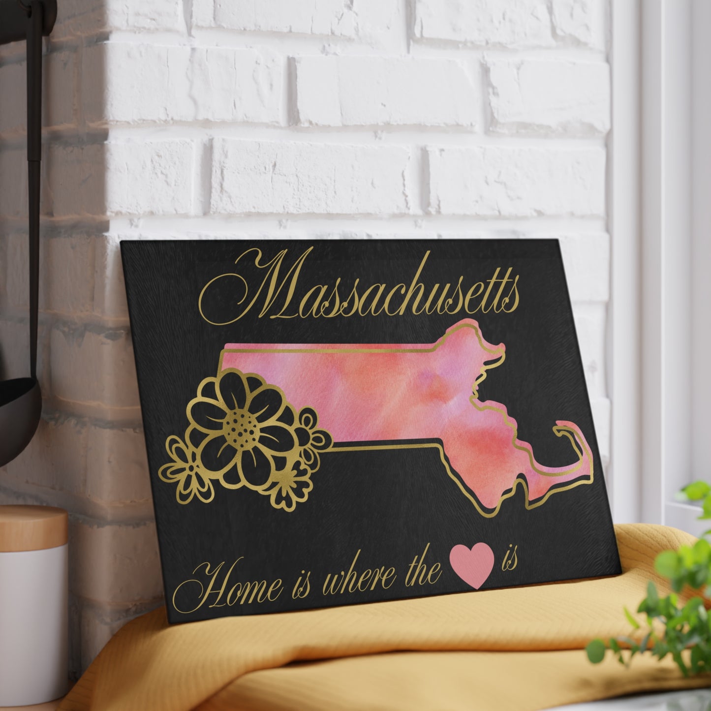 🌸 Massachusetts State Cutting Board – Soft Blush Beauty with Home Heart Charm