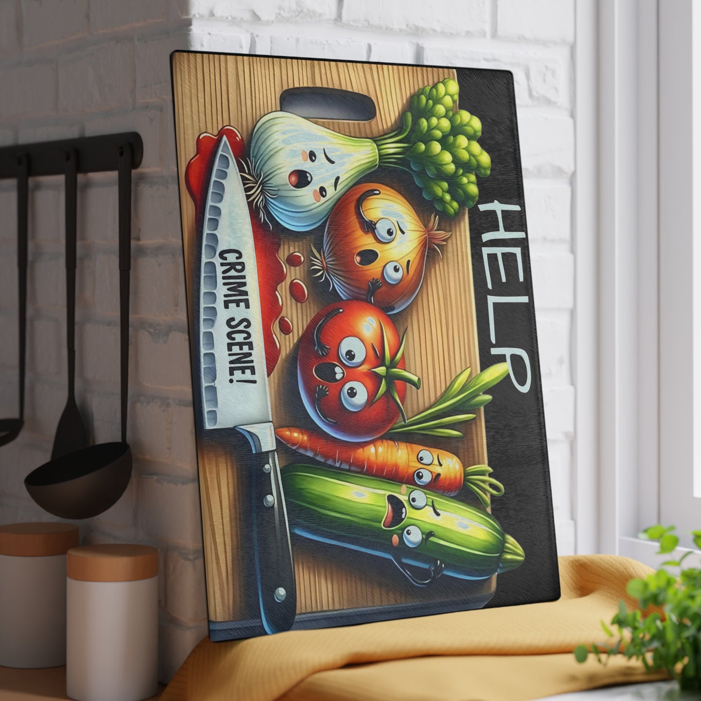 Tabla de cortar de vidrio para escena del crimen en la cocina: ¡Vegetales gritones y estilo asesino!