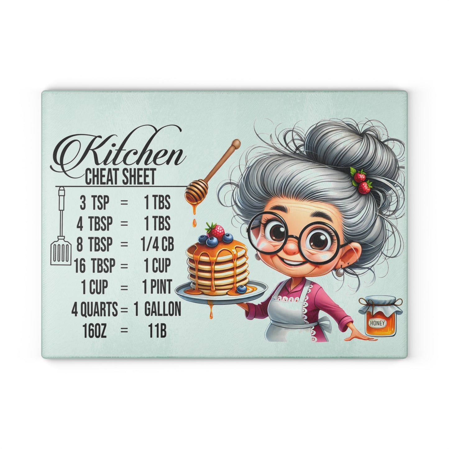 Tabla de cortar con trucos para la cocina: adorable abuela y práctica tabla de conversión de cocina
