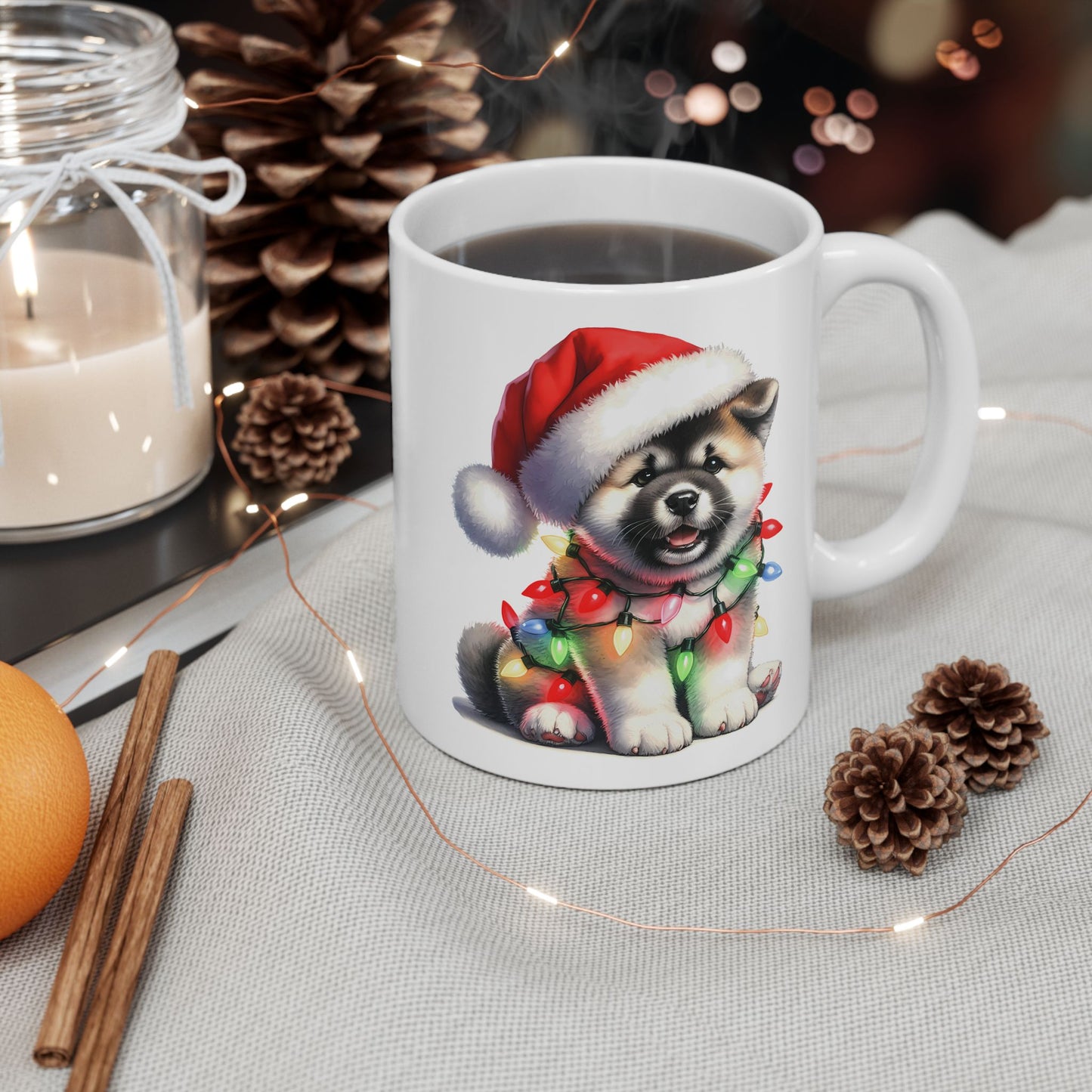 🎅 Akita Christmas Mug – Festive Puppy with Santa Hat & Holiday Lights 🎄