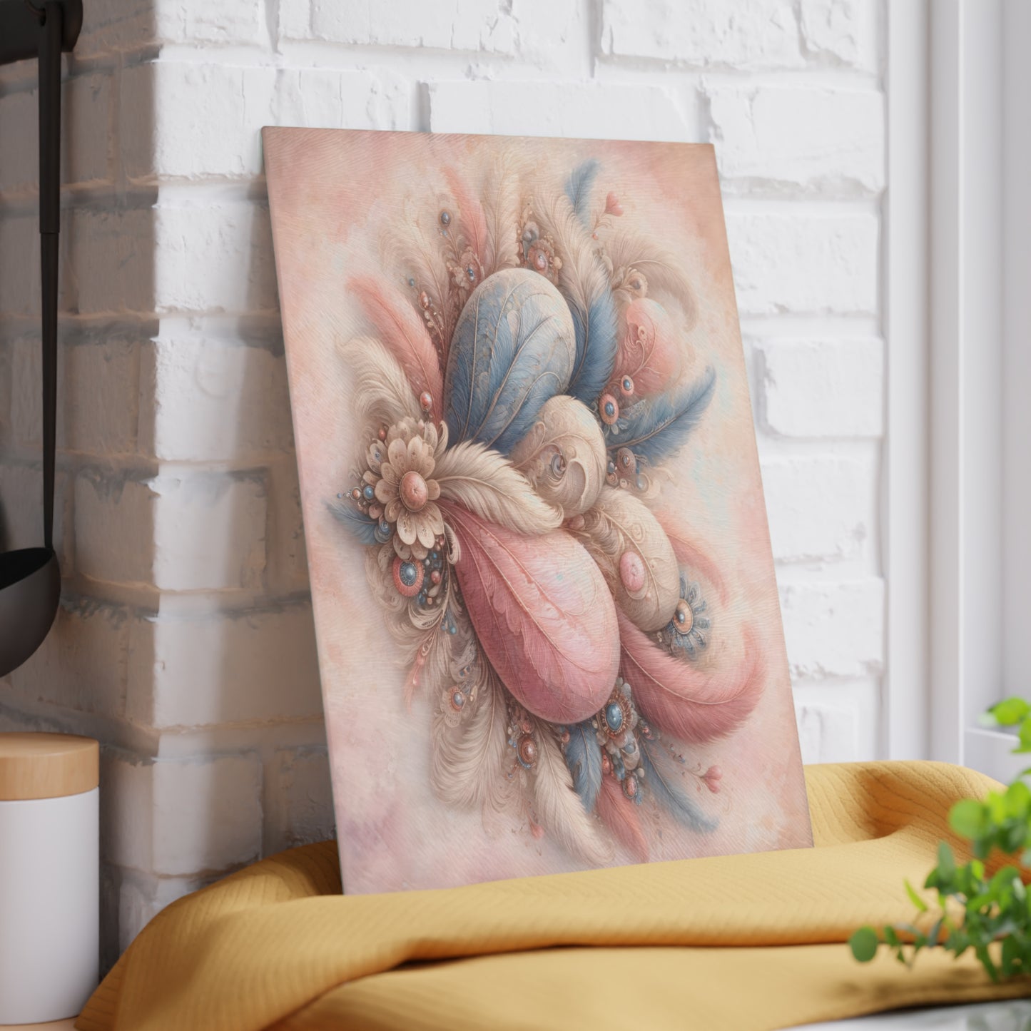 Pastel Feather Heart Glass Cutting Board – Elegant Romantic Art Kitchen Decor