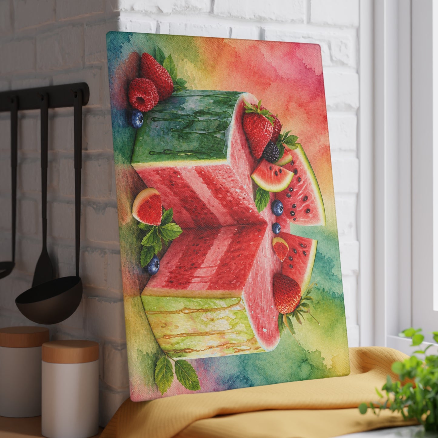 Watermelon Berry Delight Glass Cutting Board – Colorful Summer Kitchen Decor