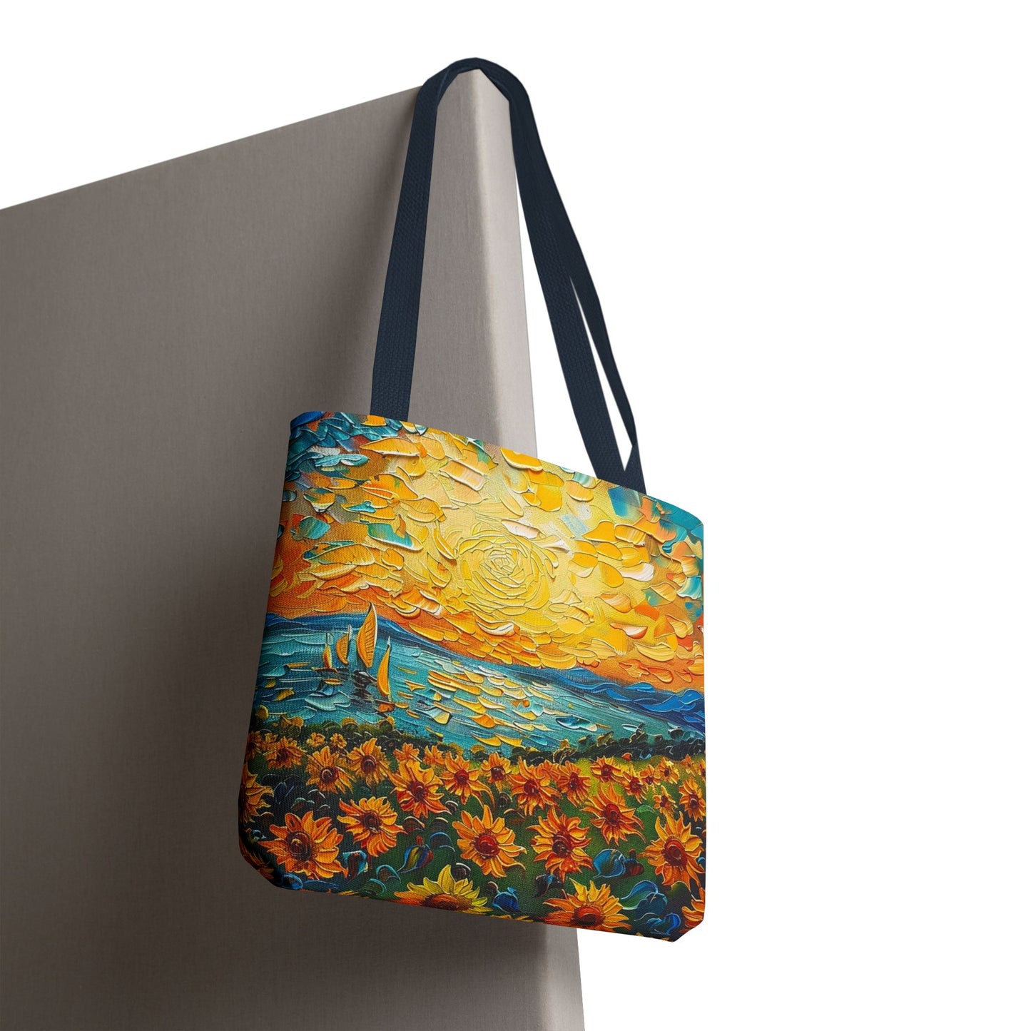 Bolsa de tela con girasoles, veleros y sol: perfecta para aventuras de verano.