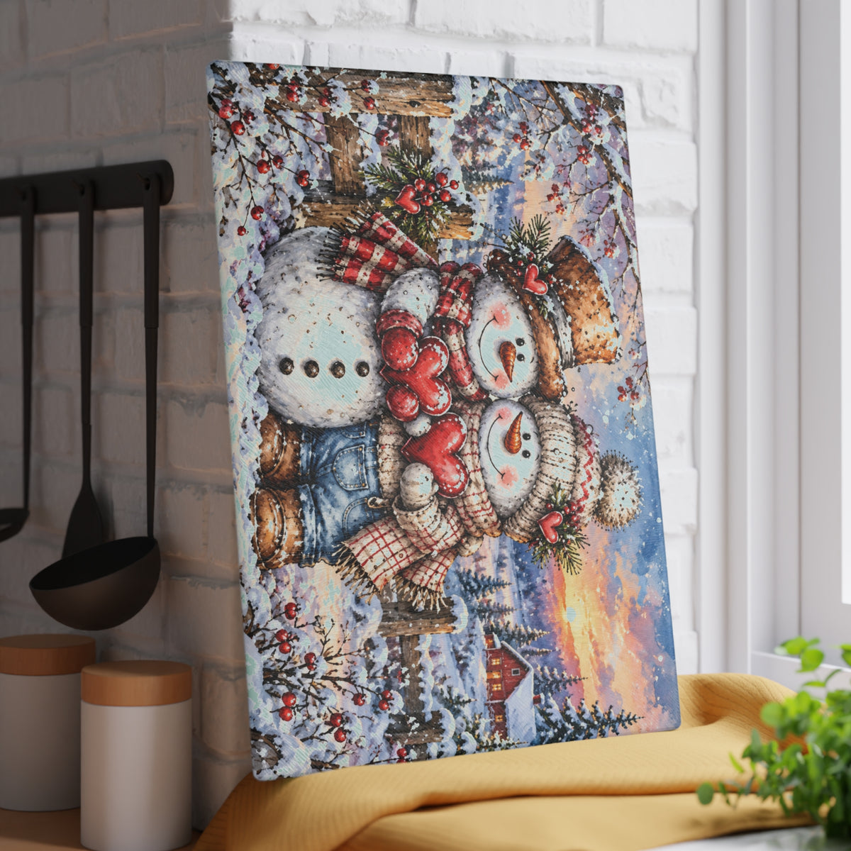 Adorable Snowman Couple Holding Hearts Tempered Glass Cutting Board – Rustic Winter Farmhouse Art – 11 × 15 Inches