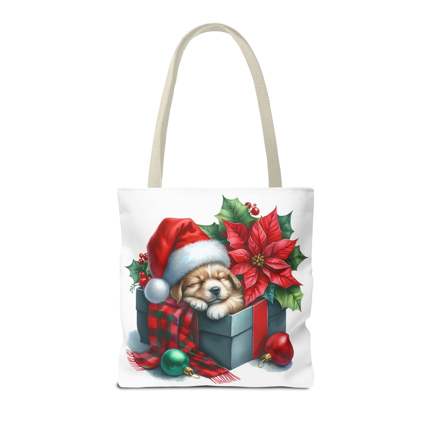🎁 Sleeping Puppy in Gift Box Christmas Tote – Cozy Holiday Charm for Dog Lovers 🐾