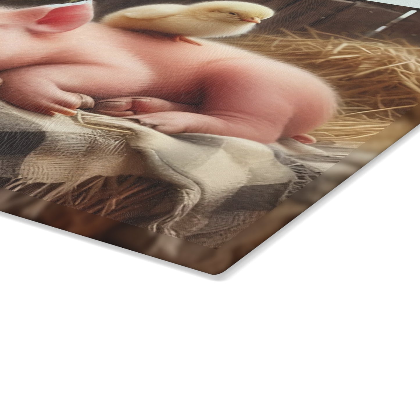 Tabla de cortar con diseño de cerdito y pollito en heno con manzanas, regalo único, tabla de cortar de vidrio, tabla de charcutería, tabla de cortar personalizada