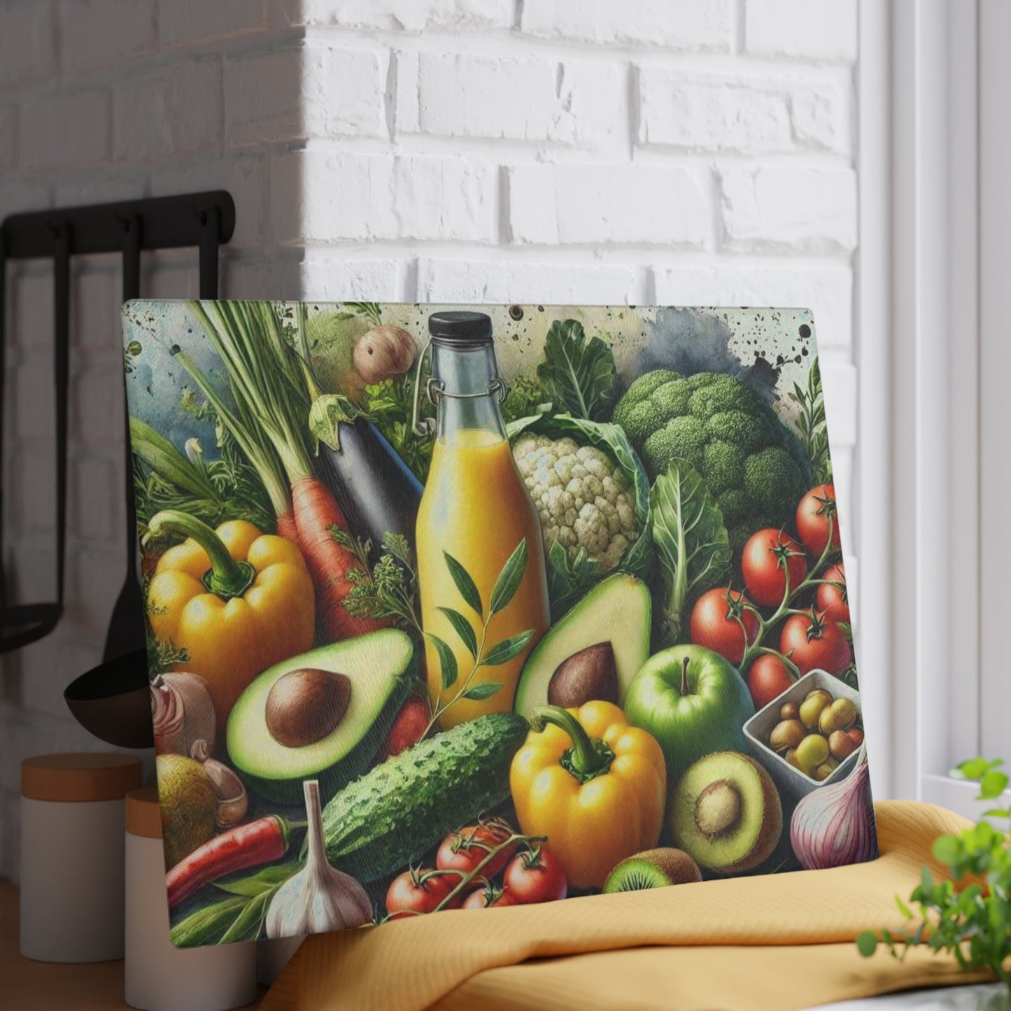 Tabla de cortar de vidrio templado para verduras con una vibrante variedad de verduras frescas