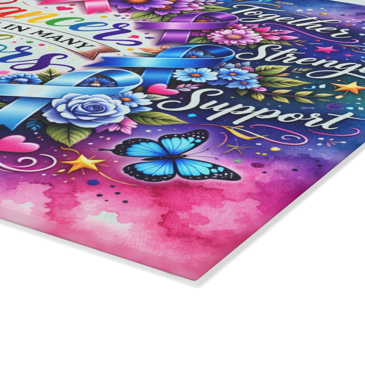 Cancer Comes in Many Colors Glass Cutting Board – Awareness Ribbon Floral Artwork
