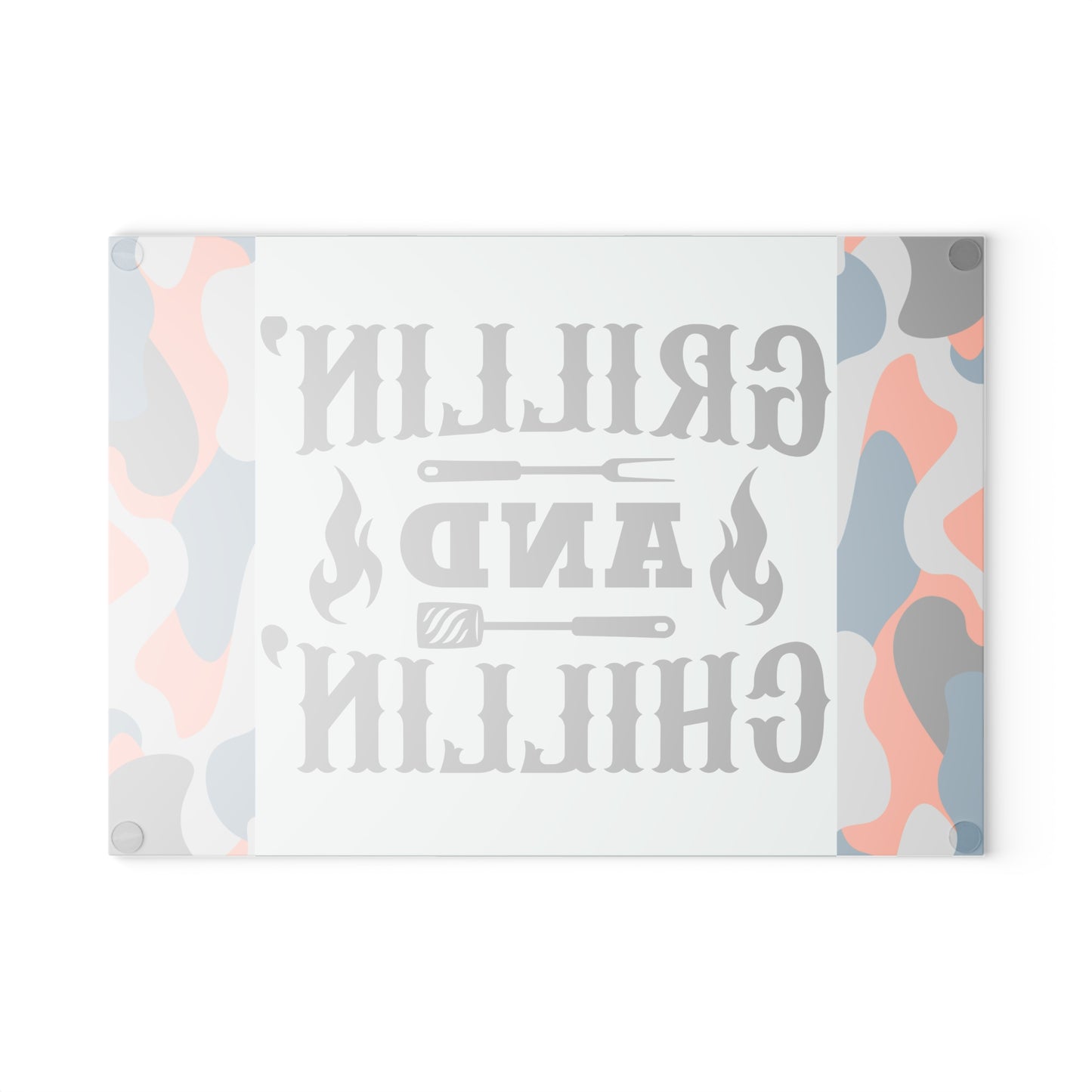 🔥 GRILLIN AND CHILLIN Glass Cutting Board – Camouflage BBQ Prep Style 🍔